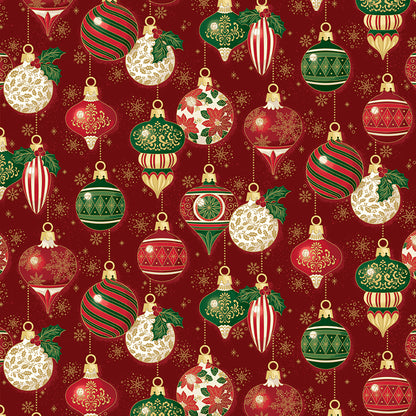 Pattern Ornaments Red Foil from the Poinsettias at Christmas collection, designed by Jennifer Bosworth for Riley Blake Designs, is a gorgeous holiday fabric line. It blends traditional Christmas motifs with elegant, shimmering gold metallic foil accents. The 100% cotton fabrics are perfect for heirloom-style holiday quilts, tree skirts, stockings, table runners and so much more.