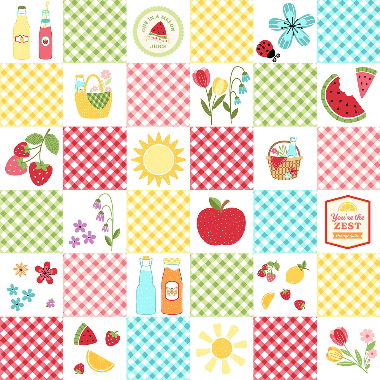 Pattern Picnic Quilt & Checkerboard: Features a checkerboard design filled with gingham patterns, fruit, suns, and glasses of lemonade, Background Color white from The Sippin' on Sunshine collection by Kimberbell for Maywood Studio celebrates summer with playful picnic and warm-weather motifs. This collection features bright citrus slices, refreshing drinks, gingham checks, and ditsy florals across a vibrant palette of sky blue, lemon yellow, pink, and red.