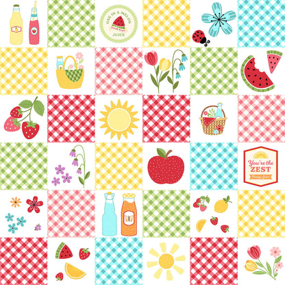 Pattern Picnic Quilt & Checkerboard: Features a checkerboard design filled with gingham patterns, fruit, suns, and glasses of lemonade, Background Color white from The Sippin' on Sunshine collection by Kimberbell for Maywood Studio celebrates summer with playful picnic and warm-weather motifs. This collection features bright citrus slices, refreshing drinks, gingham checks, and ditsy florals across a vibrant palette of sky blue, lemon yellow, pink, and red.