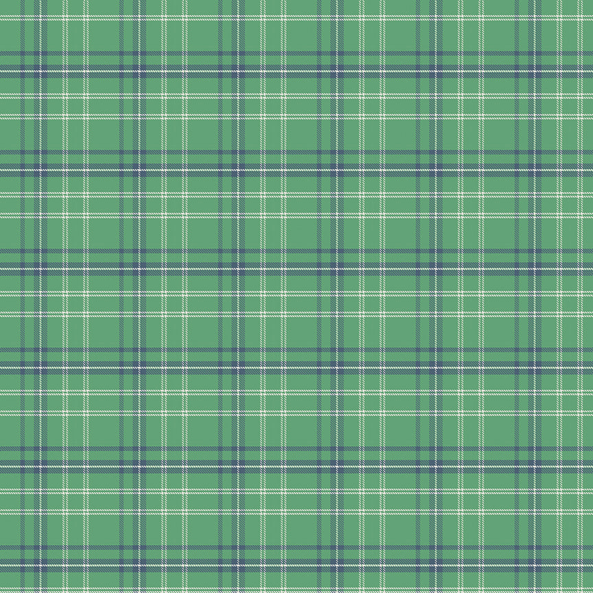 Pattern Plaid green from  The Happy Haven fabric collection, designed by Shawn Wallace for Riley Blake Designs, captures the warmth, wonder, and nostalgia of carefree childhood days spent in nature. Inspired by campfires, lake days, and starry skies, it features a cozy, earthy, and classic color palette of warm greens, reds, aquas, browns, and whites.