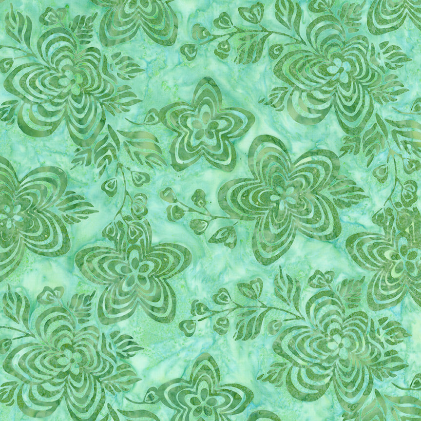 Pattern Pool Party from The Expressions Batiks - Ink & Nectar collection by Riley Blake Designs features authentic hand-dyed fabrics with double tjap designs. Known for their sophisticated texture, these cotton and rayon prints incorporate small pops of color over diverse background shades. These patterns frequently combine overlapping organic motifs like florals, leaves, and abstract line work onto these base colors.