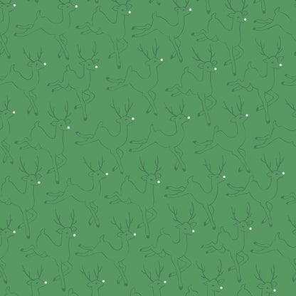Pattern Prancing Reindeer: Features playful, prancing reindeer (often with shiny red noses) alongside scattered stars and metallic highlights, background Colors: Available in rich Red, deep Holly Green, and Snow White from The Merry Mix collection by Maywood Studio featuring a classic Christmas color palette of snow white, berry red, and holly green. It is characterized by nostalgic holiday motifs, prancing reindeer, and florals, all elevated with shimmering metallic gold and silver accent