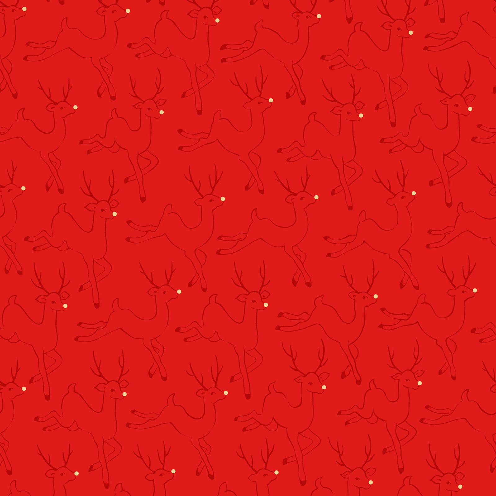 Pattern Prancing Reindeer: Features playful, prancing reindeer (often with shiny red noses) alongside scattered stars and metallic highlights, background Colors: Available in rich Red, deep Holly Green, and Snow White from The Merry Mix collection by Maywood Studio featuring a classic Christmas color palette of snow white, berry red, and holly green. It is characterized by nostalgic holiday motifs, prancing reindeer, and florals, all elevated with shimmering metallic gold and silver accent