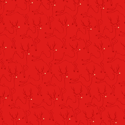 Pattern Prancing Reindeer: Features playful, prancing reindeer (often with shiny red noses) alongside scattered stars and metallic highlights, background Colors: Available in rich Red, deep Holly Green, and Snow White from The Merry Mix collection by Maywood Studio featuring a classic Christmas color palette of snow white, berry red, and holly green. It is characterized by nostalgic holiday motifs, prancing reindeer, and florals, all elevated with shimmering metallic gold and silver accent