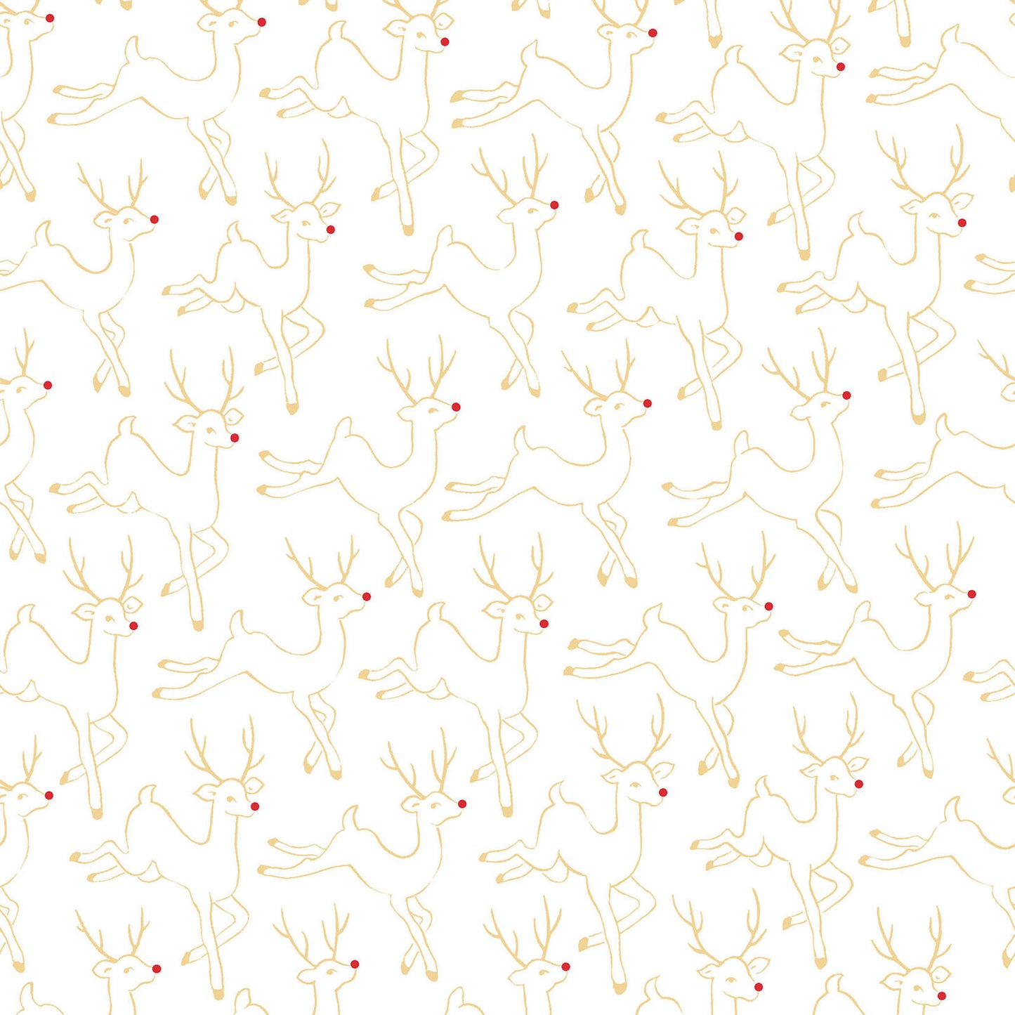 Pattern Prancing Reindeer: Features playful, prancing reindeer (often with shiny red noses) alongside scattered stars and metallic highlights, background Colors: Available in rich Red, deep Holly Green, and Snow White from The Merry Mix collection by Maywood Studio featuring a classic Christmas color palette of snow white, berry red, and holly green. It is characterized by nostalgic holiday motifs, prancing reindeer, and florals, all elevated with shimmering metallic gold and silver accent