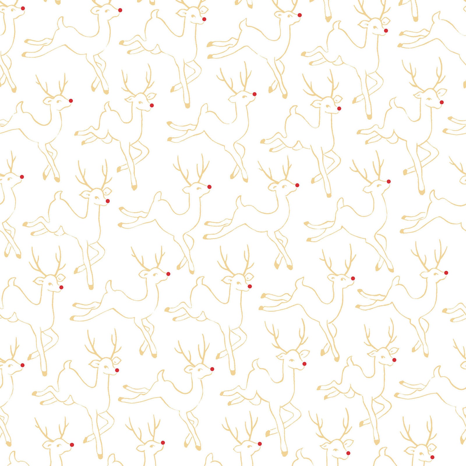 Pattern Prancing Reindeer: Features playful, prancing reindeer (often with shiny red noses) alongside scattered stars and metallic highlights, background Colors: Available in rich Red, deep Holly Green, and Snow White from The Merry Mix collection by Maywood Studio featuring a classic Christmas color palette of snow white, berry red, and holly green. It is characterized by nostalgic holiday motifs, prancing reindeer, and florals, all elevated with shimmering metallic gold and silver accent