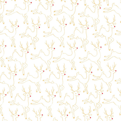 Pattern Prancing Reindeer: Features playful, prancing reindeer (often with shiny red noses) alongside scattered stars and metallic highlights, background Colors: Available in rich Red, deep Holly Green, and Snow White from The Merry Mix collection by Maywood Studio featuring a classic Christmas color palette of snow white, berry red, and holly green. It is characterized by nostalgic holiday motifs, prancing reindeer, and florals, all elevated with shimmering metallic gold and silver accent