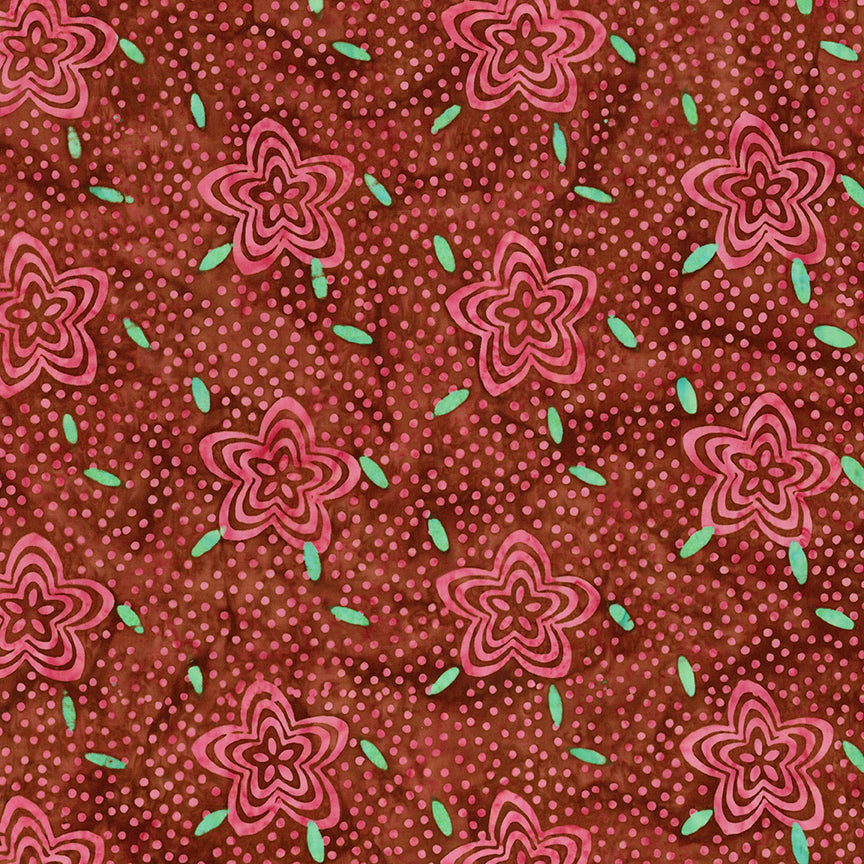 Pattern Romantically Involved from The Expressions Batiks - Ink & Nectar collection by Riley Blake Designs features authentic hand-dyed fabrics with double tjap designs. Known for their sophisticated texture, these cotton and rayon prints incorporate small pops of color over diverse background shades. These patterns frequently combine overlapping organic motifs like florals, leaves, and abstract line work onto these base colors.