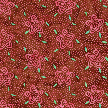 Pattern Romantically Involved from The Expressions Batiks - Ink & Nectar collection by Riley Blake Designs features authentic hand-dyed fabrics with double tjap designs. Known for their sophisticated texture, these cotton and rayon prints incorporate small pops of color over diverse background shades. These patterns frequently combine overlapping organic motifs like florals, leaves, and abstract line work onto these base colors.