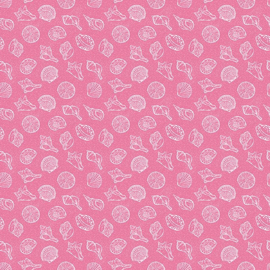 Pattern Shells Pink from The Reef fabric collection by Corinne Wells for Riley Blake Designs features a vibrant, ocean-inspired theme perfect for quilting, apparel, and home decor. It showcases playful marine life in a coastal palette of breezy blues, deep teals, soft pinks, and powder hues.