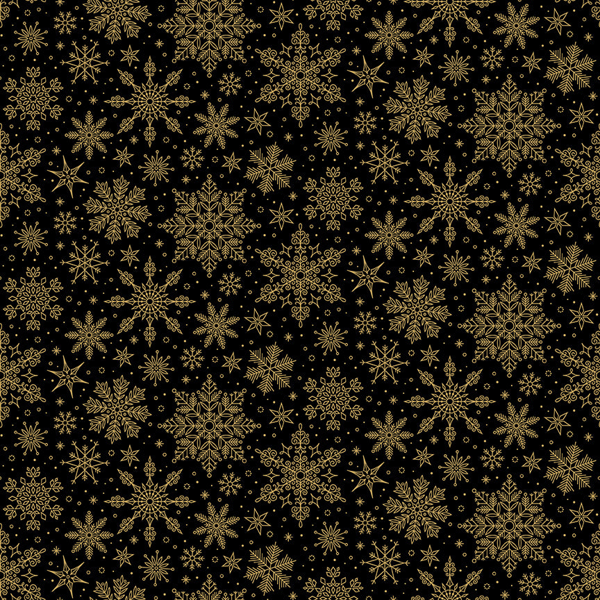 Pattern Snowflakes Black Foil from the Poinsettias at Christmas collection, designed by Jennifer Bosworth for Riley Blake Designs, is a gorgeous holiday fabric line. It blends traditional Christmas motifs with elegant, shimmering gold metallic foil accents. The 100% cotton fabrics are perfect for heirloom-style holiday quilts, tree skirts, stockings, table runners and so much more.