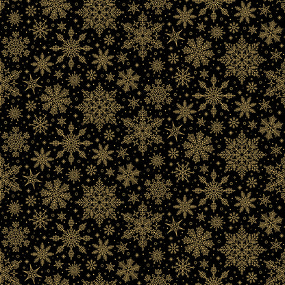 Pattern Snowflakes Black Foil from the Poinsettias at Christmas collection, designed by Jennifer Bosworth for Riley Blake Designs, is a gorgeous holiday fabric line. It blends traditional Christmas motifs with elegant, shimmering gold metallic foil accents. The 100% cotton fabrics are perfect for heirloom-style holiday quilts, tree skirts, stockings, table runners and so much more.