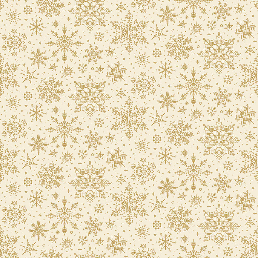 Pattern Snowflakes Cream Foil from the Poinsettias at Christmas collection, designed by Jennifer Bosworth for Riley Blake Designs, is a gorgeous holiday fabric line. It blends traditional Christmas motifs with elegant, shimmering gold metallic foil accents. The 100% cotton fabrics are perfect for heirloom-style holiday quilts, tree skirts, stockings, table runners and so much more.