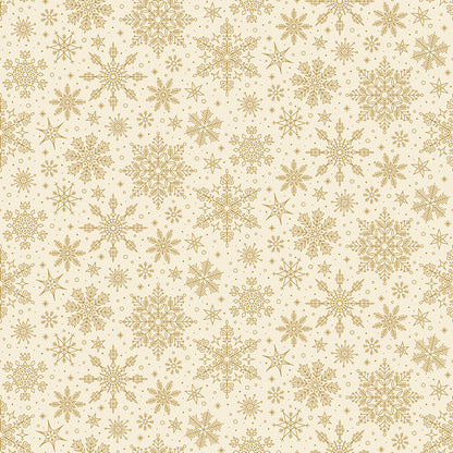 Pattern Snowflakes Cream Foil from the Poinsettias at Christmas collection, designed by Jennifer Bosworth for Riley Blake Designs, is a gorgeous holiday fabric line. It blends traditional Christmas motifs with elegant, shimmering gold metallic foil accents. The 100% cotton fabrics are perfect for heirloom-style holiday quilts, tree skirts, stockings, table runners and so much more.