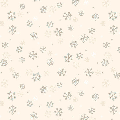 Pattern Snowflakes in colors Cream Teal forest and Red from The Guess How Much I Love You 2026 fabric collection by Anita Jeram for Clothworks Fabrics features a cozy, Christmas-themed holiday twist. It centers around Big Nutbrown Hare and Little Nutbrown Hare. The collection includes holiday motifs like bunny-snowmen, mistletoe, holly, and winter scenes.