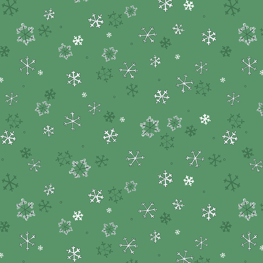 Pattern Snowflakes in colors Cream Teal forest and Red from The Guess How Much I Love You 2026 fabric collection by Anita Jeram for Clothworks Fabrics features a cozy, Christmas-themed holiday twist. It centers around Big Nutbrown Hare and Little Nutbrown Hare. The collection includes holiday motifs like bunny-snowmen, mistletoe, holly, and winter scenes.