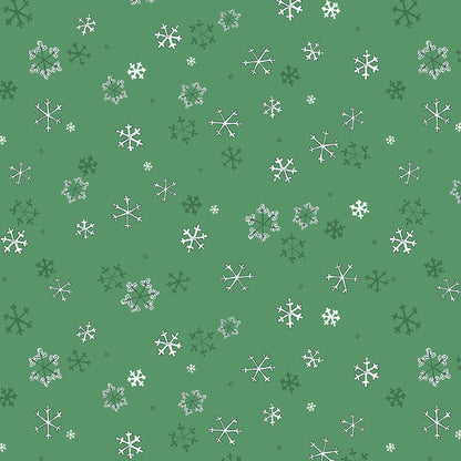 Pattern Snowflakes in colors Cream Teal forest and Red from The Guess How Much I Love You 2026 fabric collection by Anita Jeram for Clothworks Fabrics features a cozy, Christmas-themed holiday twist. It centers around Big Nutbrown Hare and Little Nutbrown Hare. The collection includes holiday motifs like bunny-snowmen, mistletoe, holly, and winter scenes.