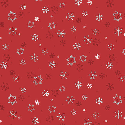 Pattern Snowflakes in colors Cream Teal forest and Red from The Guess How Much I Love You 2026 fabric collection by Anita Jeram for Clothworks Fabrics features a cozy, Christmas-themed holiday twist. It centers around Big Nutbrown Hare and Little Nutbrown Hare. The collection includes holiday motifs like bunny-snowmen, mistletoe, holly, and winter scenes.
