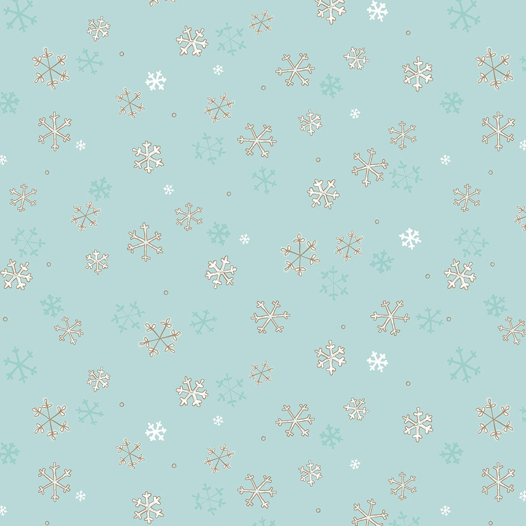 Pattern Snowflakes in colors Cream Teal forest and Red from The Guess How Much I Love You 2026 fabric collection by Anita Jeram for Clothworks Fabrics features a cozy, Christmas-themed holiday twist. It centers around Big Nutbrown Hare and Little Nutbrown Hare. The collection includes holiday motifs like bunny-snowmen, mistletoe, holly, and winter scenes.