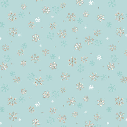 Pattern Snowflakes in colors Cream Teal forest and Red from The Guess How Much I Love You 2026 fabric collection by Anita Jeram for Clothworks Fabrics features a cozy, Christmas-themed holiday twist. It centers around Big Nutbrown Hare and Little Nutbrown Hare. The collection includes holiday motifs like bunny-snowmen, mistletoe, holly, and winter scenes.