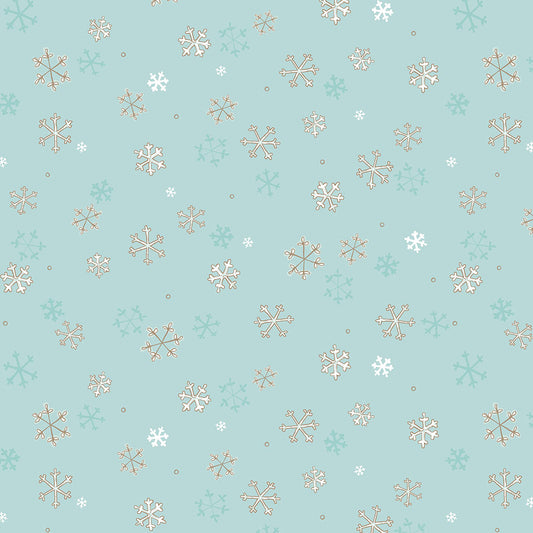 Pattern Snowflakes in colors Cream Teal forest and Red from The Guess How Much I Love You 2026 fabric collection by Anita Jeram for Clothworks Fabrics features a cozy, Christmas-themed holiday twist. It centers around Big Nutbrown Hare and Little Nutbrown Hare. The collection includes holiday motifs like bunny-snowmen, mistletoe, holly, and winter scenes.
