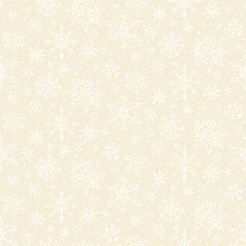 Pattern Snowflakes White from the Poinsettias at Christmas collection, designed by Jennifer Bosworth for Riley Blake Designs, is a gorgeous holiday fabric line. It blends traditional Christmas motifs with elegant, shimmering gold metallic foil accents. The 100% cotton fabrics are perfect for heirloom-style holiday quilts, tree skirts, stockings, table runners and so much more.