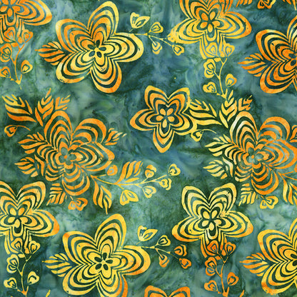 Pattern Spilled tea from The Expressions Batiks - Ink & Nectar collection by Riley Blake Designs features authentic hand-dyed fabrics with double tjap designs. Known for their sophisticated texture, these cotton and rayon prints incorporate small pops of color over diverse background shades. These patterns frequently combine overlapping organic motifs like florals, leaves, and abstract line work onto these base colors.