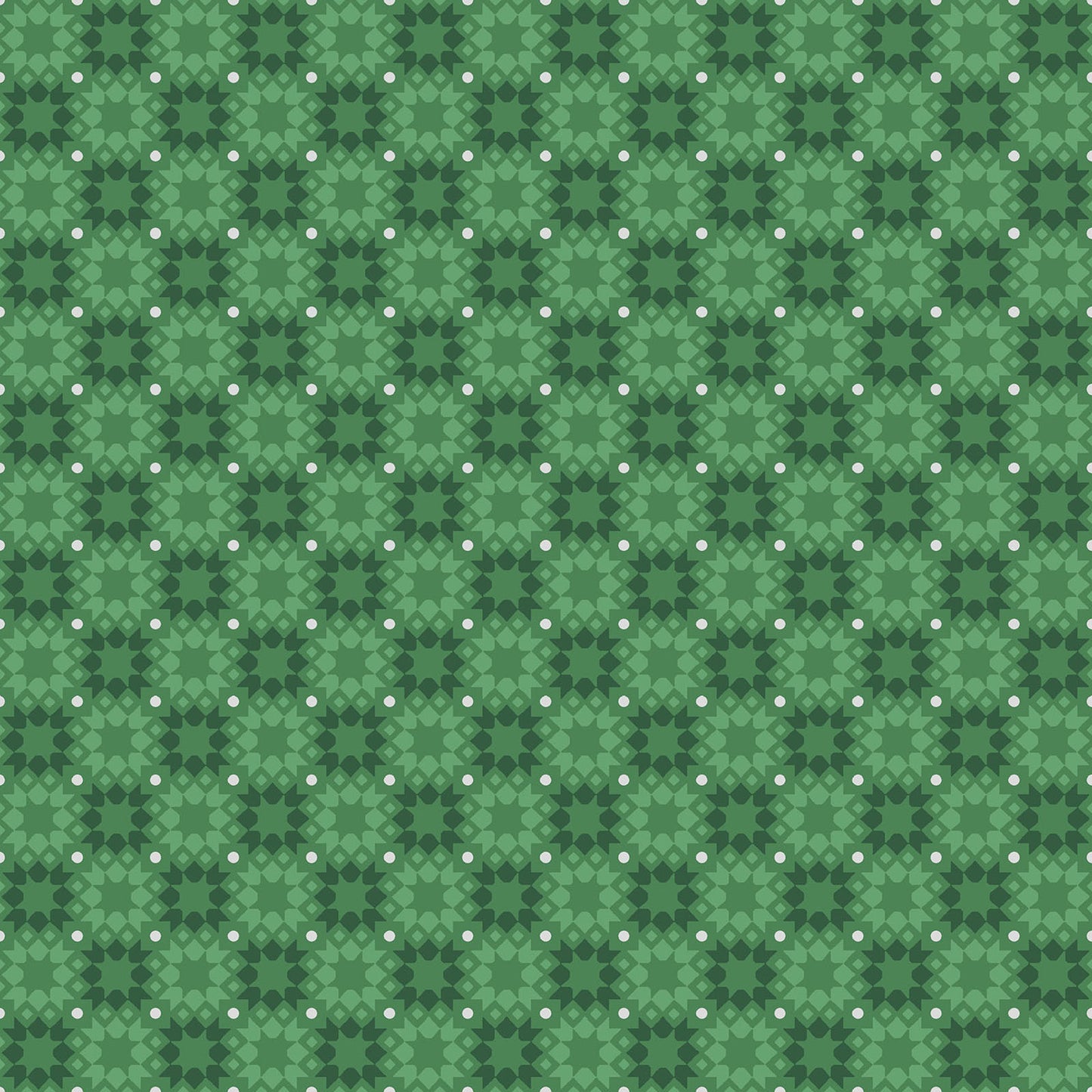 Pattern Star Tile: A vintage-inspired geometric tile pattern, reminiscent of pieced quilt blocks or holiday ornaments, interspersed with tiny metallic dots, Background Colors: Available in rich Red, festive Green from The Merry Mix collection by Maywood Studio featuring a classic Christmas color palette of snow white, berry red, and holly green. It is characterized by nostalgic holiday motifs, prancing reindeer, and florals, all elevated with shimmering metallic gold and silver accent