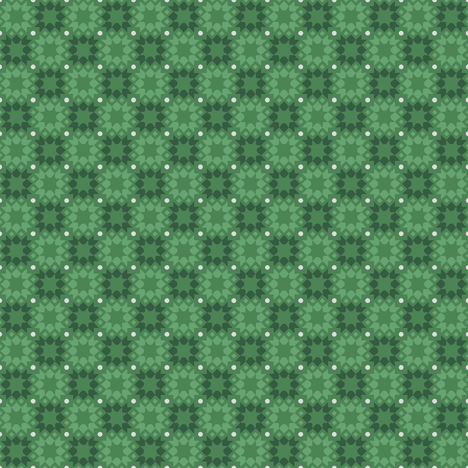 Pattern Star Tile: A vintage-inspired geometric tile pattern, reminiscent of pieced quilt blocks or holiday ornaments, interspersed with tiny metallic dots, Background Colors: Available in rich Red, festive Green from The Merry Mix collection by Maywood Studio featuring a classic Christmas color palette of snow white, berry red, and holly green. It is characterized by nostalgic holiday motifs, prancing reindeer, and florals, all elevated with shimmering metallic gold and silver accent