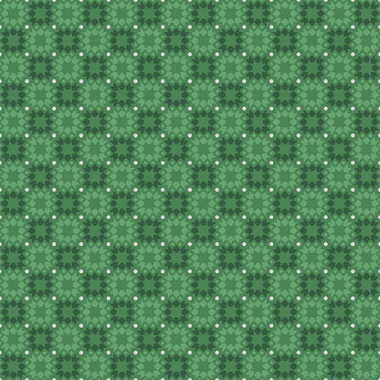 Pattern Star Tile: A vintage-inspired geometric tile pattern, reminiscent of pieced quilt blocks or holiday ornaments, interspersed with tiny metallic dots, Background Colors: Available in rich Red, festive Green from The Merry Mix collection by Maywood Studio featuring a classic Christmas color palette of snow white, berry red, and holly green. It is characterized by nostalgic holiday motifs, prancing reindeer, and florals, all elevated with shimmering metallic gold and silver accent