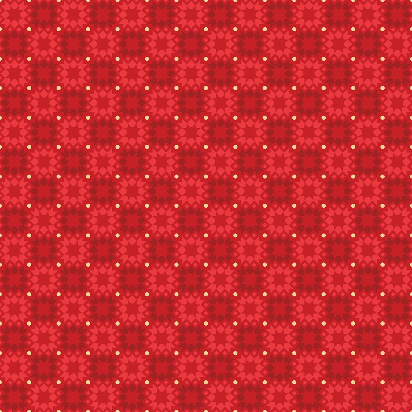 Pattern Star Tile: A vintage-inspired geometric tile pattern, reminiscent of pieced quilt blocks or holiday ornaments, interspersed with tiny metallic dots, Background Colors: Available in rich Red, festive Green from The Merry Mix collection by Maywood Studio featuring a classic Christmas color palette of snow white, berry red, and holly green. It is characterized by nostalgic holiday motifs, prancing reindeer, and florals, all elevated with shimmering metallic gold and silver accent
