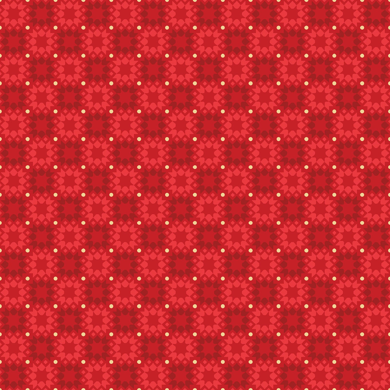Pattern Star Tile: A vintage-inspired geometric tile pattern, reminiscent of pieced quilt blocks or holiday ornaments, interspersed with tiny metallic dots, Background Colors: Available in rich Red, festive Green from The Merry Mix collection by Maywood Studio featuring a classic Christmas color palette of snow white, berry red, and holly green. It is characterized by nostalgic holiday motifs, prancing reindeer, and florals, all elevated with shimmering metallic gold and silver accent