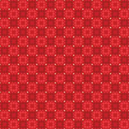 Pattern Star Tile: A vintage-inspired geometric tile pattern, reminiscent of pieced quilt blocks or holiday ornaments, interspersed with tiny metallic dots, Background Colors: Available in rich Red, festive Green from The Merry Mix collection by Maywood Studio featuring a classic Christmas color palette of snow white, berry red, and holly green. It is characterized by nostalgic holiday motifs, prancing reindeer, and florals, all elevated with shimmering metallic gold and silver accent