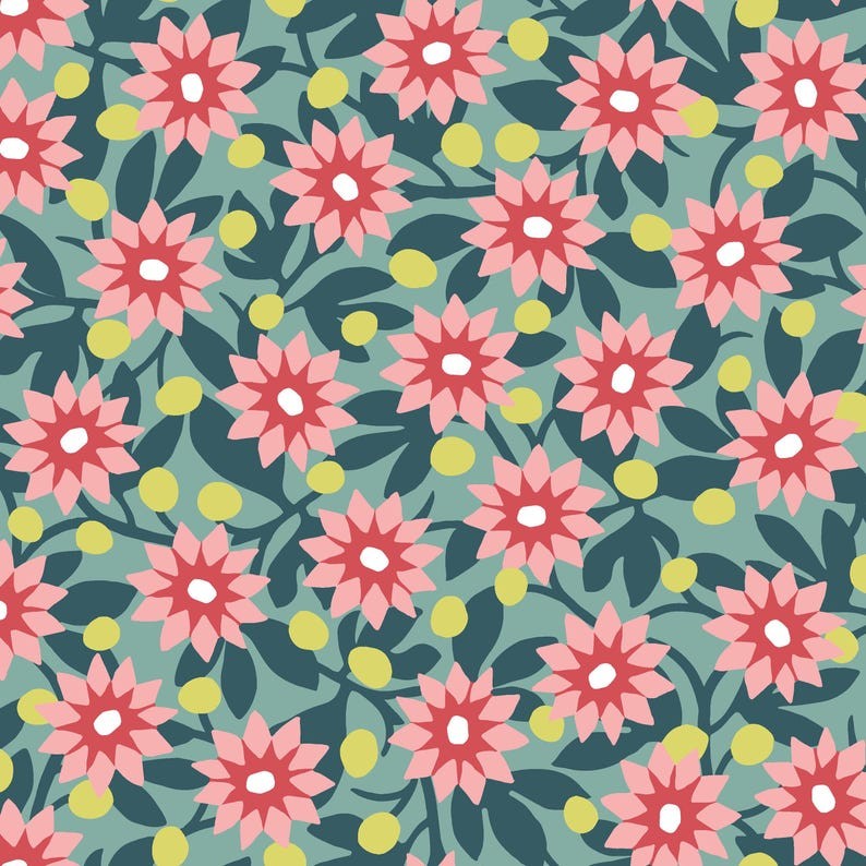 Pattern Starburst Floral: A retro, geometric-style flower print, Backgrounds: Green and White, from The Cups & Quilts fabric collection by Maywood Studio, Designed by Lydia Johnson, is a playful, crafty line inspired by ceramics, featuring stylized florals, patchwork motifs, and geometrics. The collection blends a charming red, white, and blue palette with pastel blenders, bringing a fresh, modern aesthetic to any project.