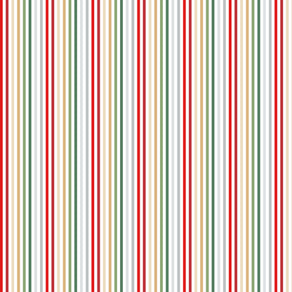 Pattern Stripes multi colored from The Guess How Much I Love You 2026 fabric collection by Anita Jeram for Clothworks Fabrics features a cozy, Christmas-themed holiday twist. It centers around Big Nutbrown Hare and Little Nutbrown Hare. The collection includes holiday motifs like bunny-snowmen, mistletoe, holly, and winter scenes.
