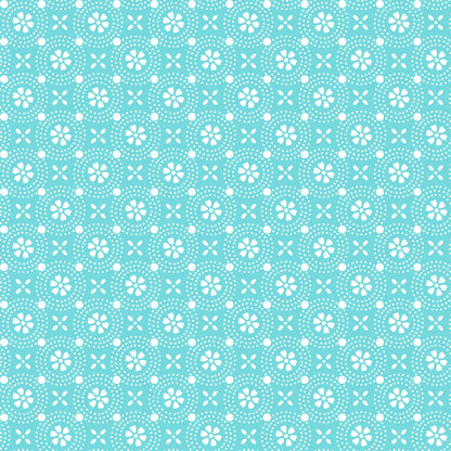 Pattern Stylized Florals: A sharp, geometric rendering of stylized blossoms from The Sippin' on Sunshine collection by Kimberbell for Maywood Studio celebrates summer with playful picnic and warm-weather motifs. This collection features bright citrus slices, refreshing drinks, gingham checks, and ditsy florals across a vibrant palette of sky blue, lemon yellow, pink, and red.