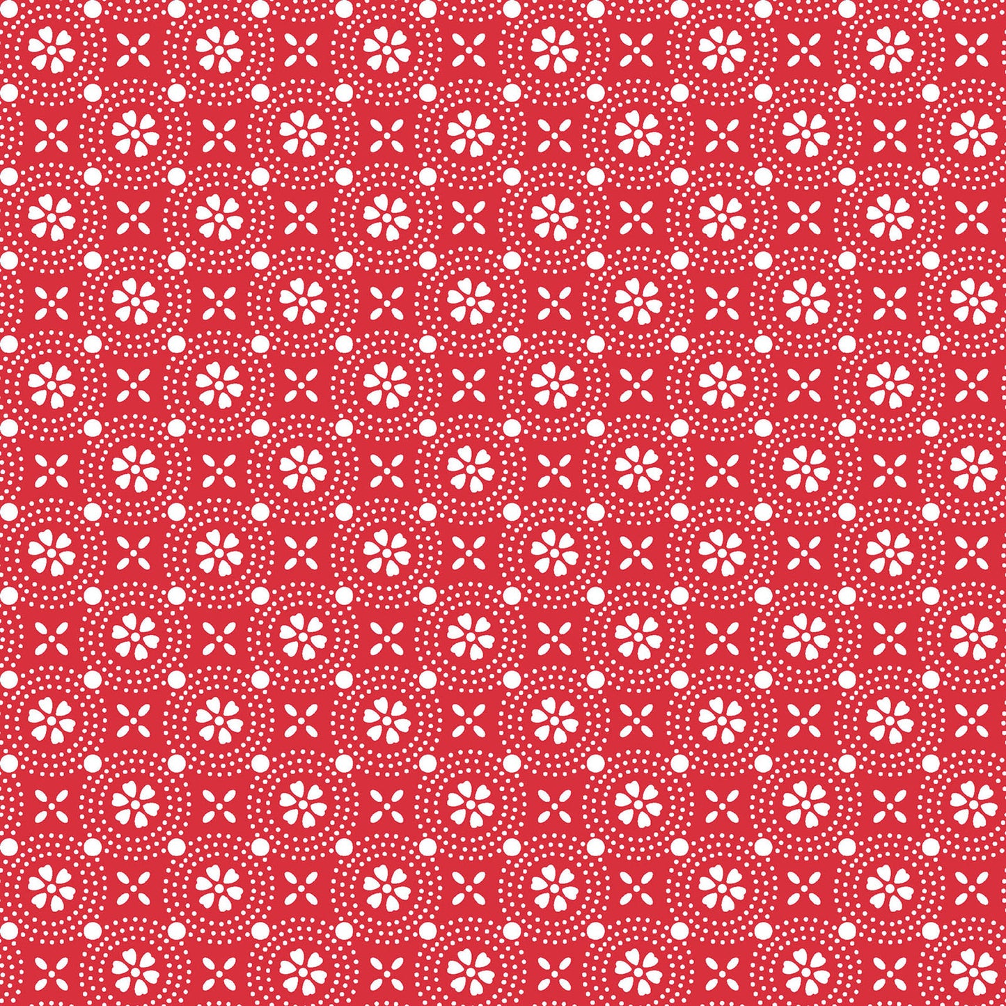 Pattern Stylized Florals: A sharp, geometric rendering of stylized blossoms from The Sippin' on Sunshine collection by Kimberbell for Maywood Studio celebrates summer with playful picnic and warm-weather motifs. This collection features bright citrus slices, refreshing drinks, gingham checks, and ditsy florals across a vibrant palette of sky blue, lemon yellow, pink, and red.