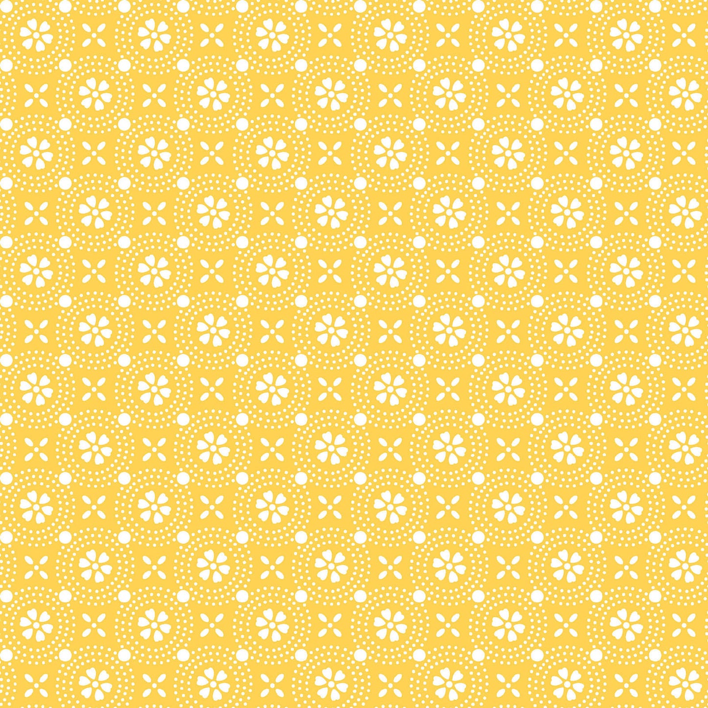Pattern Stylized Florals: A sharp, geometric rendering of stylized blossoms from The Sippin' on Sunshine collection by Kimberbell for Maywood Studio celebrates summer with playful picnic and warm-weather motifs. This collection features bright citrus slices, refreshing drinks, gingham checks, and ditsy florals across a vibrant palette of sky blue, lemon yellow, pink, and red.