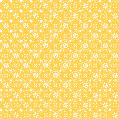 Pattern Stylized Florals: A sharp, geometric rendering of stylized blossoms from The Sippin' on Sunshine collection by Kimberbell for Maywood Studio celebrates summer with playful picnic and warm-weather motifs. This collection features bright citrus slices, refreshing drinks, gingham checks, and ditsy florals across a vibrant palette of sky blue, lemon yellow, pink, and red.