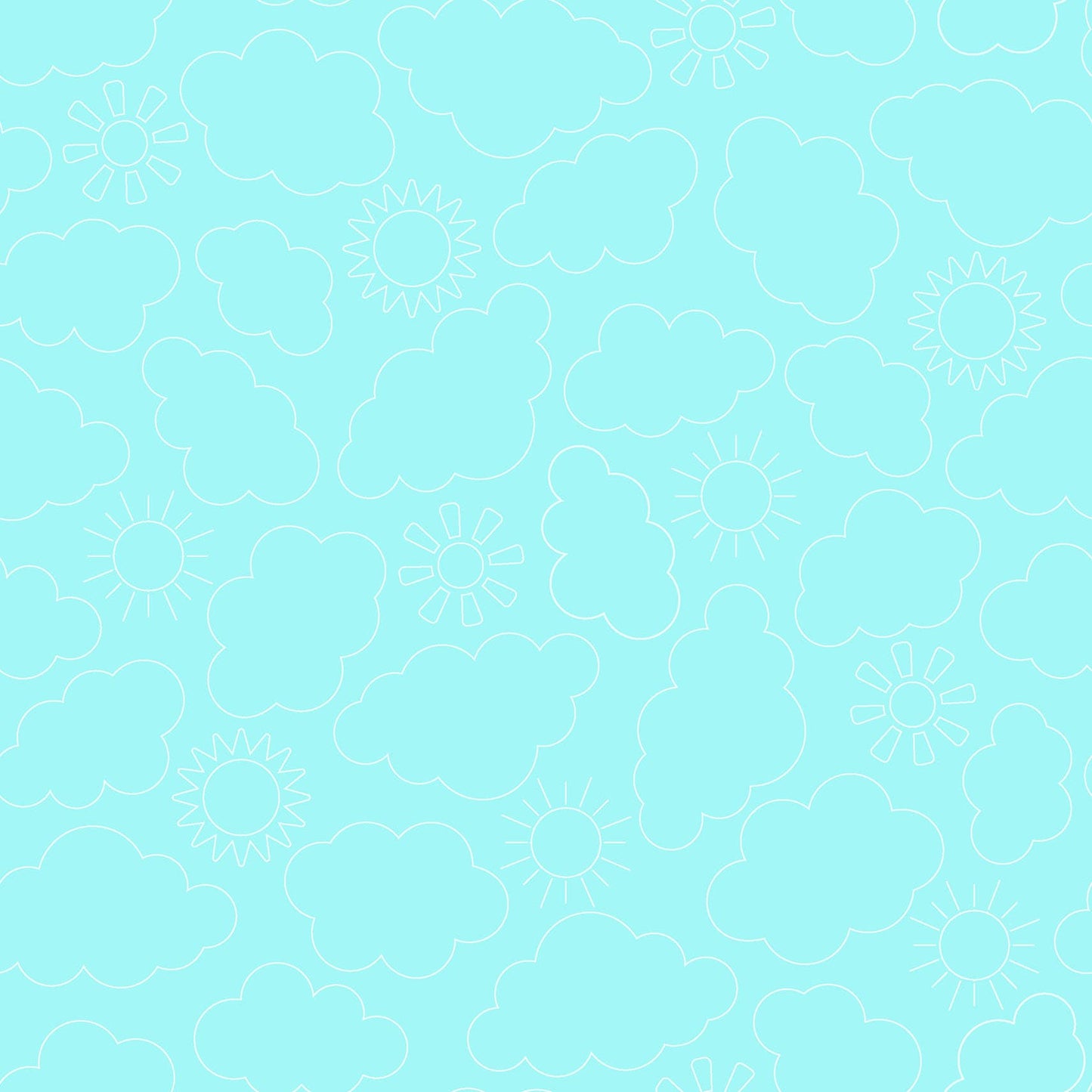 Pattern Sunny Skies: A bright, airy print with whimsical designs of blooming flowers and sunshine, available in aqua blue and yellow from The Sippin' on Sunshine collection by Kimberbell for Maywood Studio celebrates summer with playful picnic and warm-weather motifs. This collection features bright citrus slices, refreshing drinks, gingham checks, and ditsy florals across a vibrant palette of sky blue, lemon yellow, pink, and red.