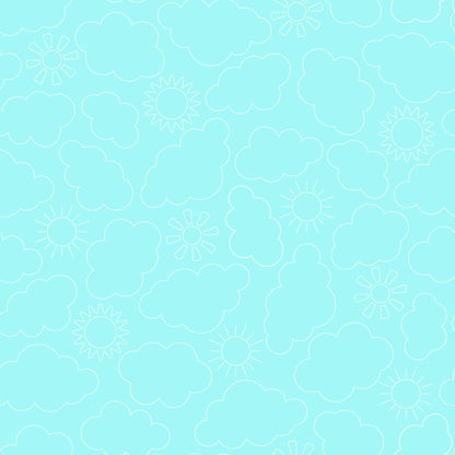 Pattern Sunny Skies: A bright, airy print with whimsical designs of blooming flowers and sunshine, available in aqua blue and yellow from The Sippin' on Sunshine collection by Kimberbell for Maywood Studio celebrates summer with playful picnic and warm-weather motifs. This collection features bright citrus slices, refreshing drinks, gingham checks, and ditsy florals across a vibrant palette of sky blue, lemon yellow, pink, and red.
