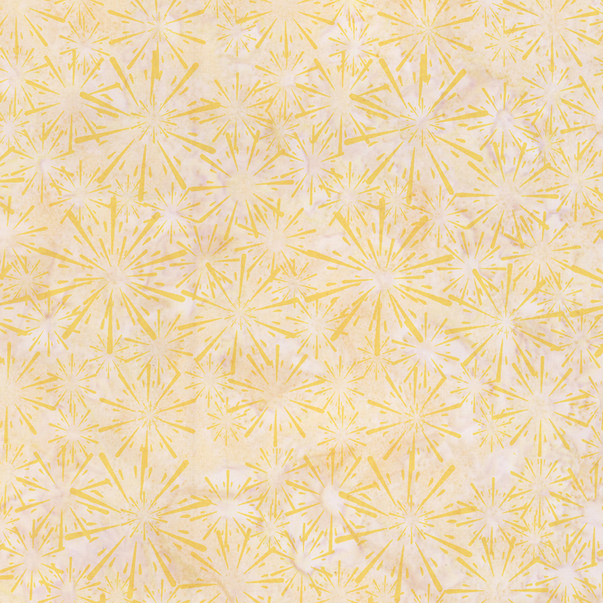 Pattern Toasted almond lemon from The Expressions Batiks - Ink & Nectar collection by Riley Blake Designs features authentic hand-dyed fabrics with double tjap designs. Known for their sophisticated texture, these cotton and rayon prints incorporate small pops of color over diverse background shades. These patterns frequently combine overlapping organic motifs like florals, leaves, and abstract line work onto these base colors.
