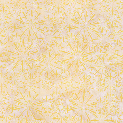 Pattern Toasted almond lemon from The Expressions Batiks - Ink & Nectar collection by Riley Blake Designs features authentic hand-dyed fabrics with double tjap designs. Known for their sophisticated texture, these cotton and rayon prints incorporate small pops of color over diverse background shades. These patterns frequently combine overlapping organic motifs like florals, leaves, and abstract line work onto these base colors.