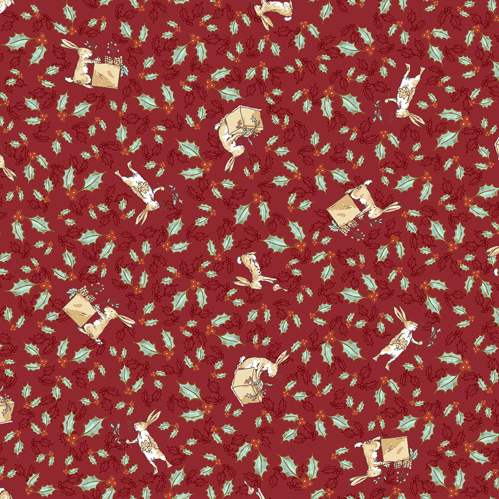 Pattern Tossed Bunnies Brick from The Guess How Much I Love You 2026 fabric collection by Anita Jeram for Clothworks Fabrics features a cozy, Christmas-themed holiday twist. It centers around Big Nutbrown Hare and Little Nutbrown Hare. The collection includes holiday motifs like bunny-snowmen, mistletoe, holly, and winter scenes.
