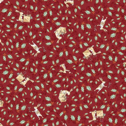Pattern Tossed Bunnies Brick from The Guess How Much I Love You 2026 fabric collection by Anita Jeram for Clothworks Fabrics features a cozy, Christmas-themed holiday twist. It centers around Big Nutbrown Hare and Little Nutbrown Hare. The collection includes holiday motifs like bunny-snowmen, mistletoe, holly, and winter scenes.