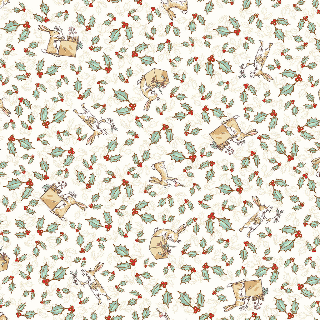 Pattern Tossed Bunnies Cream from The Guess How Much I Love You 2026 fabric collection by Anita Jeram for Clothworks Fabrics features a cozy, Christmas-themed holiday twist. It centers around Big Nutbrown Hare and Little Nutbrown Hare. The collection includes holiday motifs like bunny-snowmen, mistletoe, holly, and winter scenes.