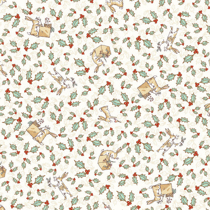 Pattern Tossed Bunnies Cream from The Guess How Much I Love You 2026 fabric collection by Anita Jeram for Clothworks Fabrics features a cozy, Christmas-themed holiday twist. It centers around Big Nutbrown Hare and Little Nutbrown Hare. The collection includes holiday motifs like bunny-snowmen, mistletoe, holly, and winter scenes.
