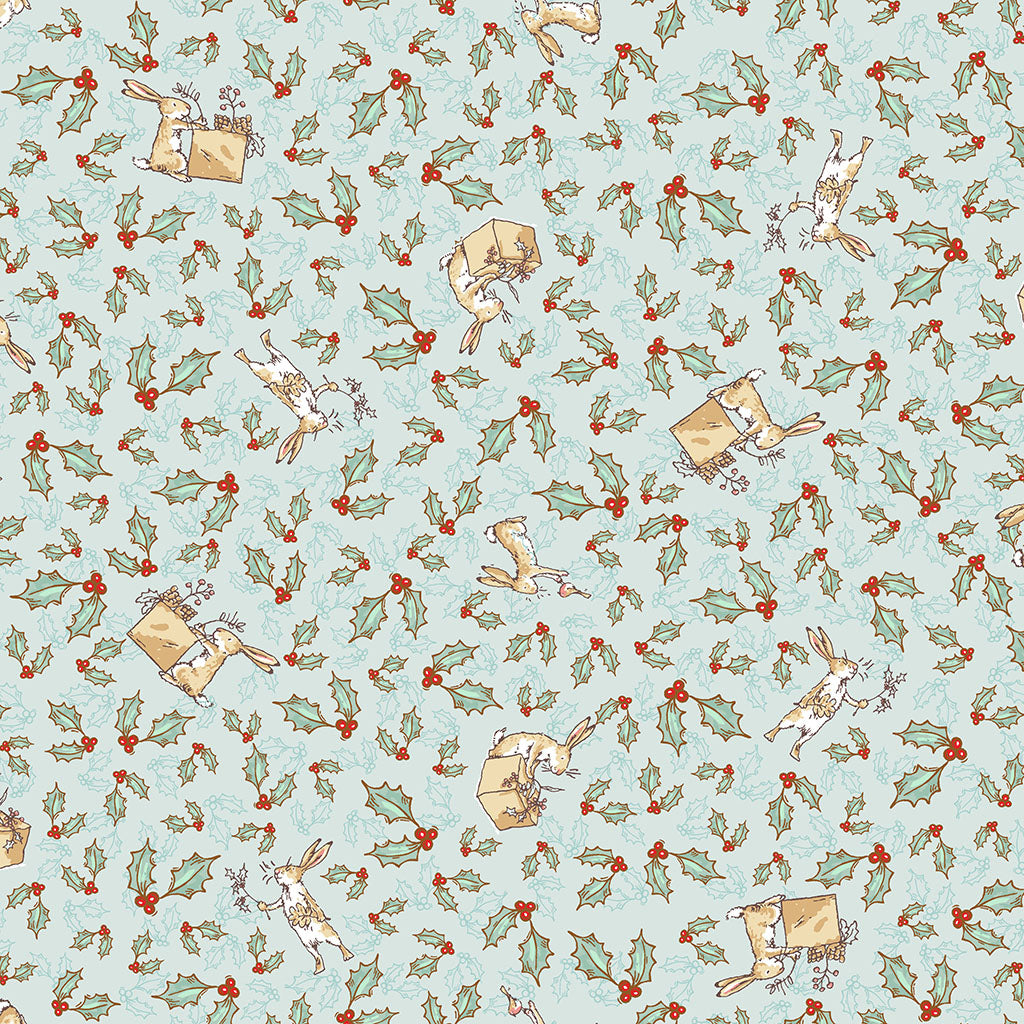 Pattern Tossed Bunnies Teal from The Guess How Much I Love You 2026 fabric collection by Anita Jeram for Clothworks Fabrics features a cozy, Christmas-themed holiday twist. It centers around Big Nutbrown Hare and Little Nutbrown Hare. The collection includes holiday motifs like bunny-snowmen, mistletoe, holly, and winter scenes.