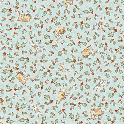 Pattern Tossed Bunnies Teal from The Guess How Much I Love You 2026 fabric collection by Anita Jeram for Clothworks Fabrics features a cozy, Christmas-themed holiday twist. It centers around Big Nutbrown Hare and Little Nutbrown Hare. The collection includes holiday motifs like bunny-snowmen, mistletoe, holly, and winter scenes.