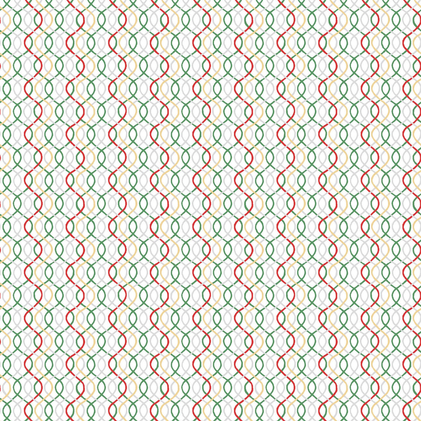 Pattern Wavy Lines / Texture Print: A versatile tonal coordinate featuring layered, wavy lines combined with tiny metallic dots, Background Colors: Snow White, rich Red, and Green, with multi-colored metallic waves from The Merry Mix collection by Maywood Studio featuring a classic Christmas color palette of snow white, berry red, and holly green. It is characterized by nostalgic holiday motifs, prancing reindeer, and florals, all elevated with shimmering metallic gold and silver accent